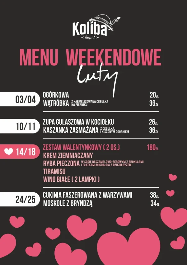 Koliba Sopot menu Weekendowe luty
